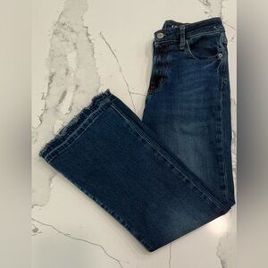 GAP Girls Size 10 Flare Highrise Blue Jeans, frayed edges, adjustable waist.